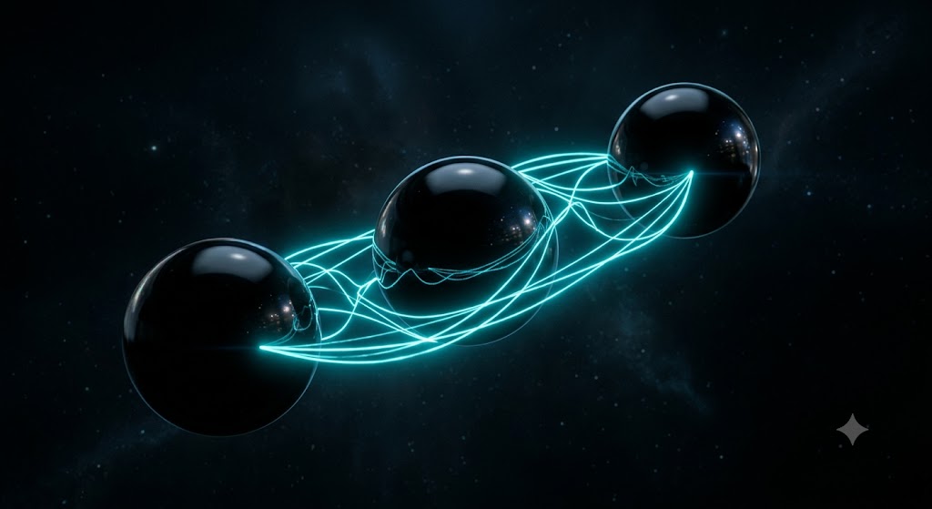Three glowing obsidian spheres connected by cyan energy lines